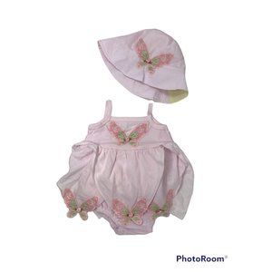 Rose Cage Baby Girls Pink Embroidered Butterfly Sun Suit And Hat, NEW